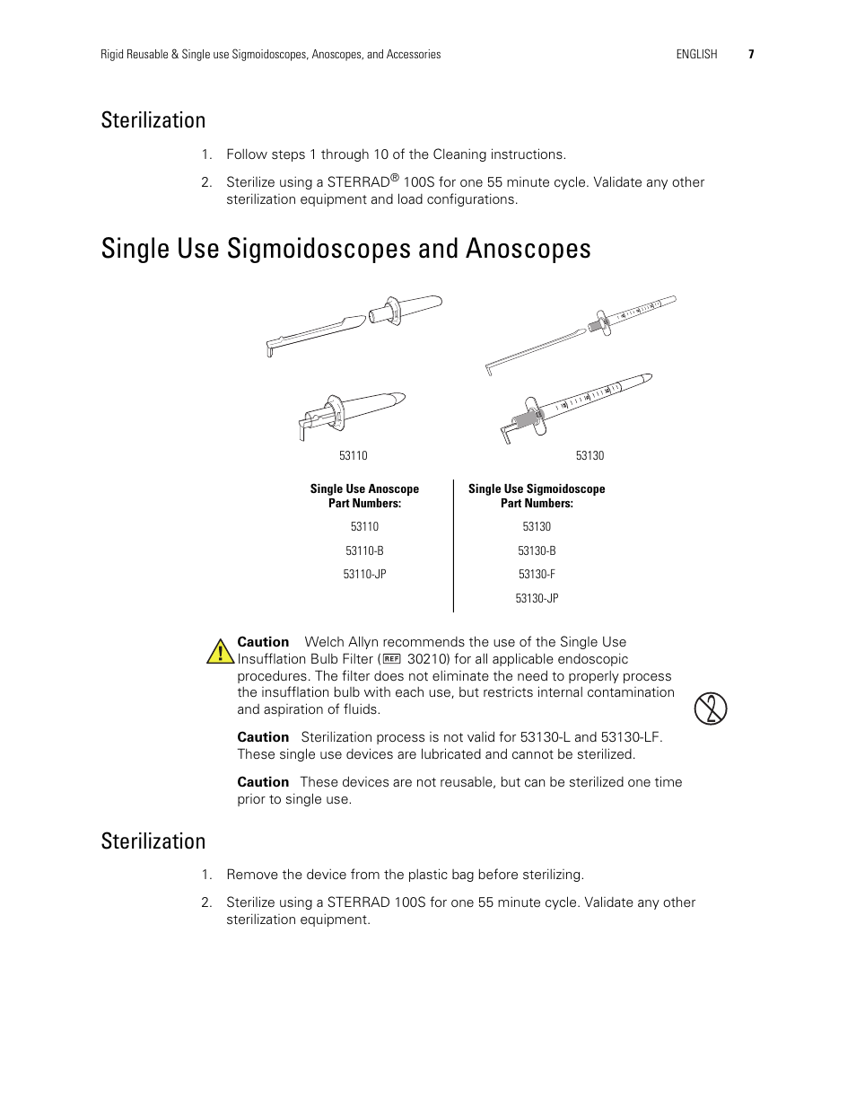 Single use sigmoidoscopes and anoscopes, Sterilization | Welch Allyn Rigid Reusable & Single use Sigmoidoscopes, Anoscopes, Accessories - Cleaning, Disinfection, and Sterilization - User Manual User Manual | Page 9 / 12