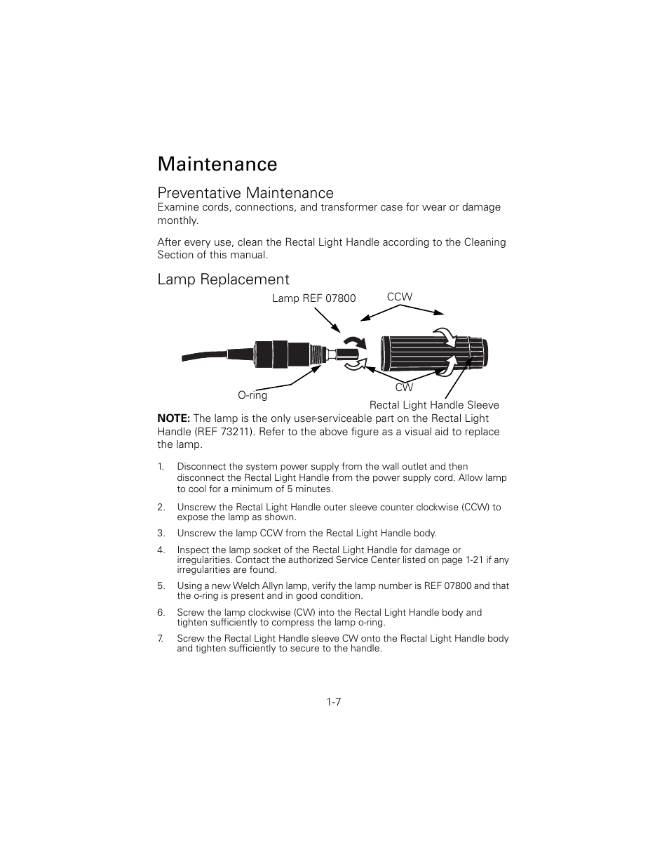 Preventative maintenance, Lamp replacement, Maintenance | Welch Allyn 6V Power Supply, Rectal Light Handle - User Manual User Manual | Page 10 / 240
