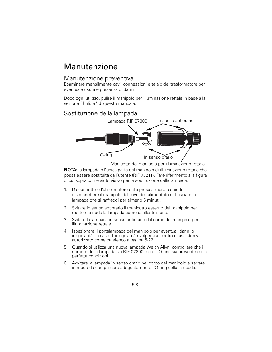 Manutenzione preventiva, Sostituzione della lampada, Manutenzione | Welch Allyn 6V Power Supply, Rectal Light Handle - User Manual User Manual | Page 109 / 240