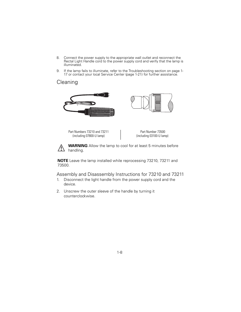 Cleaning, Part numbers 73210 and 73211, Including 07800-u lamp) | Part number 73500, Including 03100-u lamp) | Welch Allyn 6V Power Supply, Rectal Light Handle - User Manual User Manual | Page 11 / 240