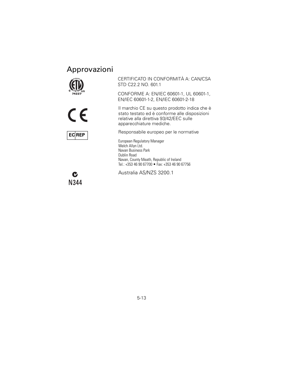 Approvazioni, N344, Ec rep | Welch Allyn 6V Power Supply, Rectal Light Handle - User Manual User Manual | Page 114 / 240