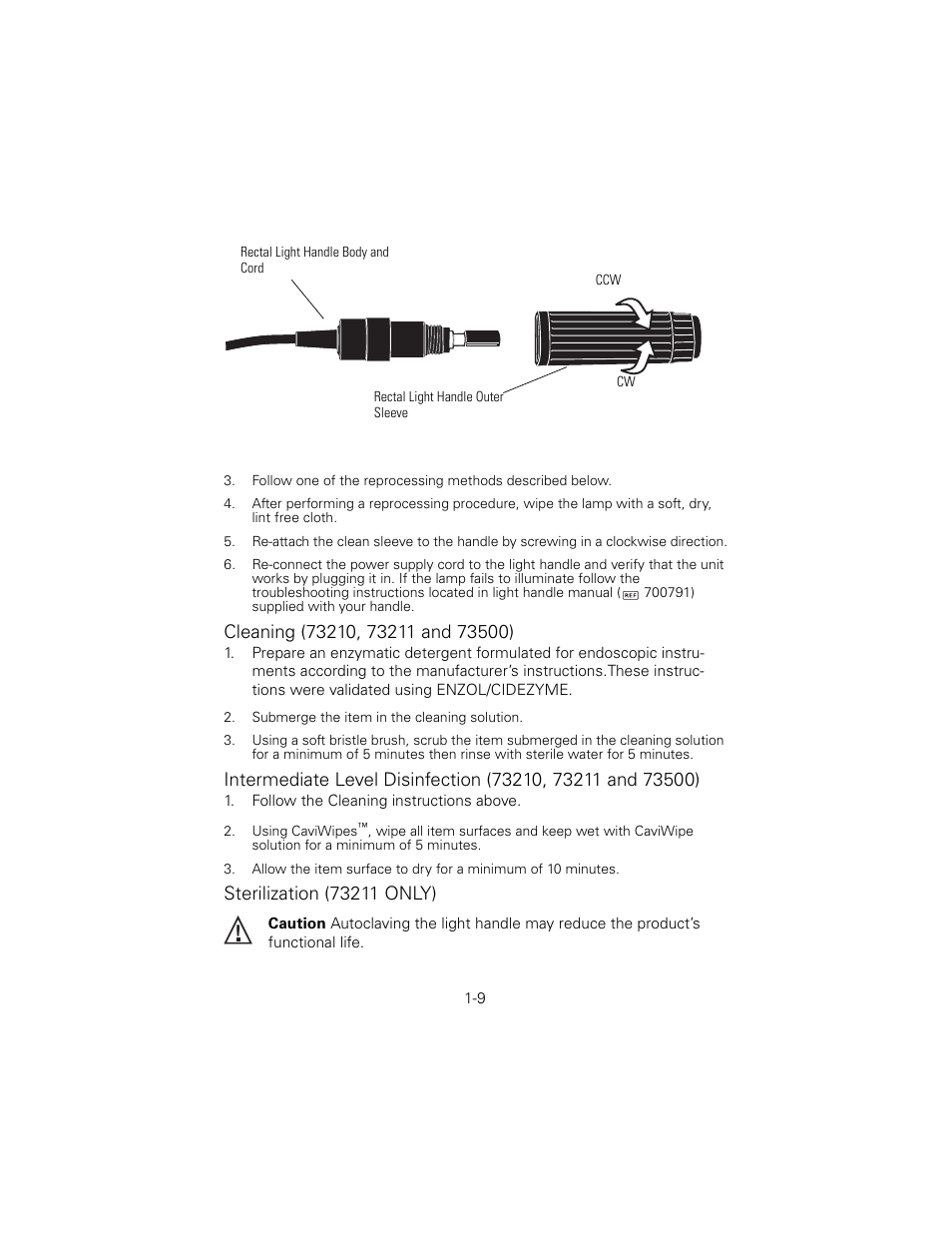 Cleaning (73210, 73211 and 73500), Sterilization (73211 only) | Welch Allyn 6V Power Supply, Rectal Light Handle - User Manual User Manual | Page 12 / 240