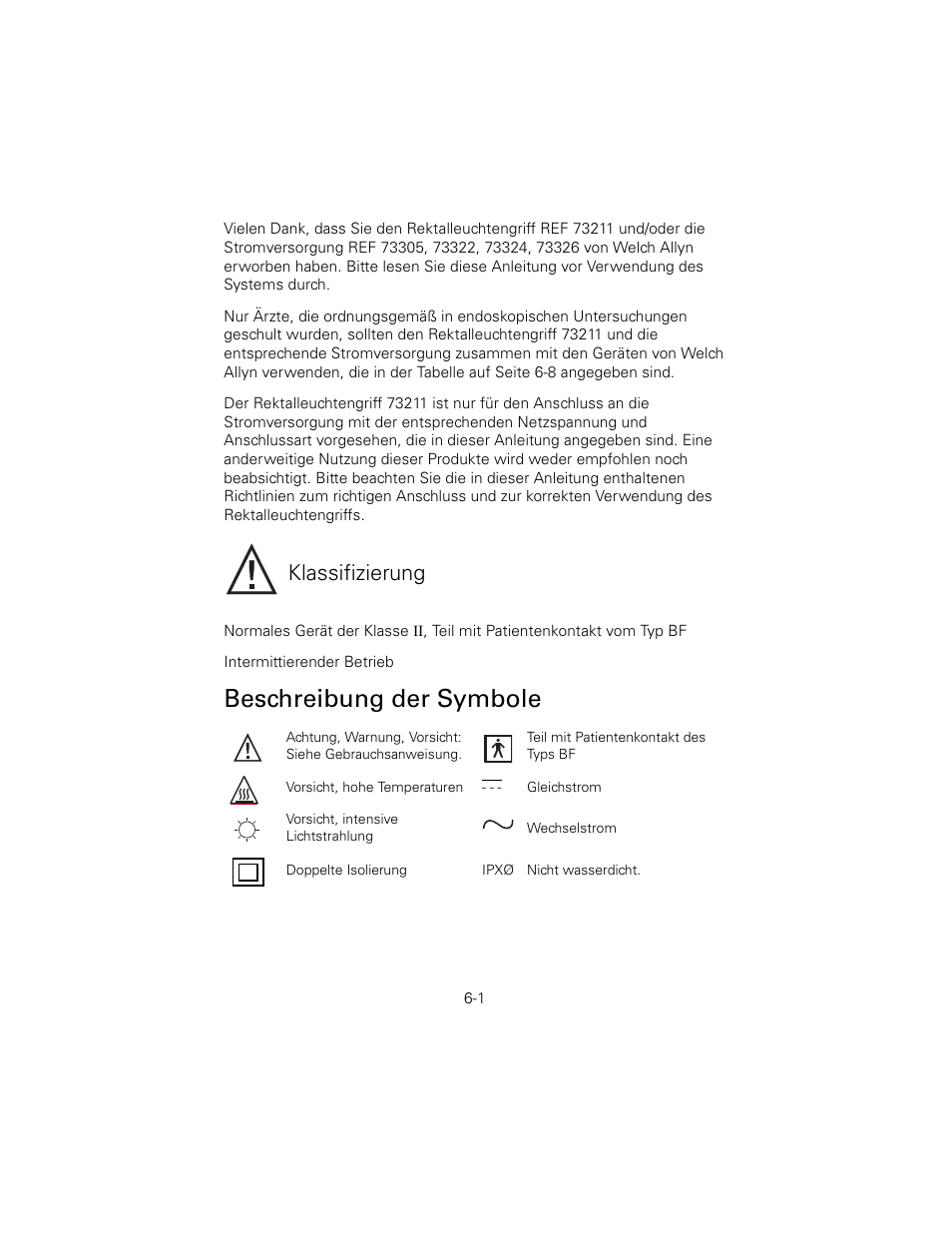 Beschreibung der symbole, Klassifizierung | Welch Allyn 6V Power Supply, Rectal Light Handle - User Manual User Manual | Page 125 / 240