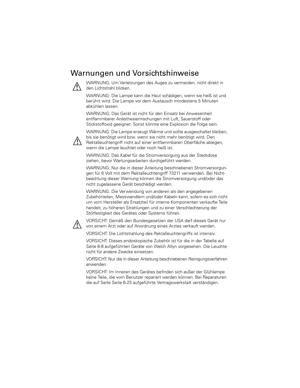 Warnungen und vorsichtshinweise | Welch Allyn 6V Power Supply, Rectal Light Handle - User Manual User Manual | Page 126 / 240
