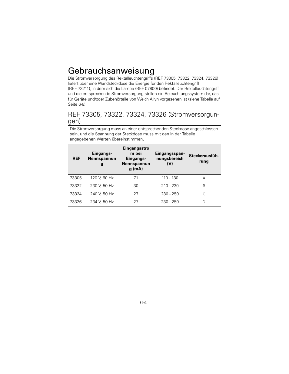 Ref 73305, 73322, 73324, 73326 (stromversorgungen), Gebrauchsanweisung | Welch Allyn 6V Power Supply, Rectal Light Handle - User Manual User Manual | Page 128 / 240