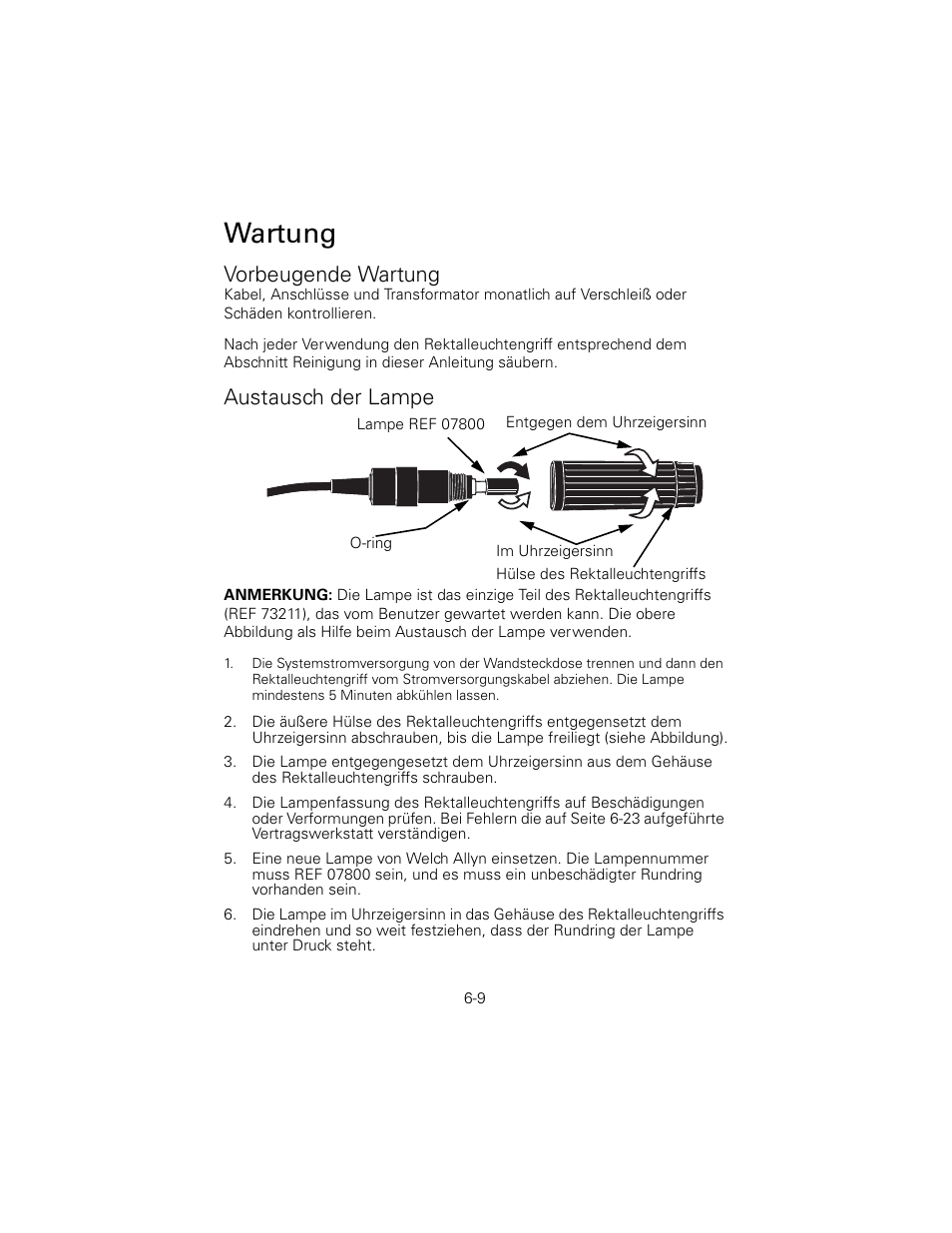 Vorbeugende wartung, Austausch der lampe, Wartung | Welch Allyn 6V Power Supply, Rectal Light Handle - User Manual User Manual | Page 133 / 240