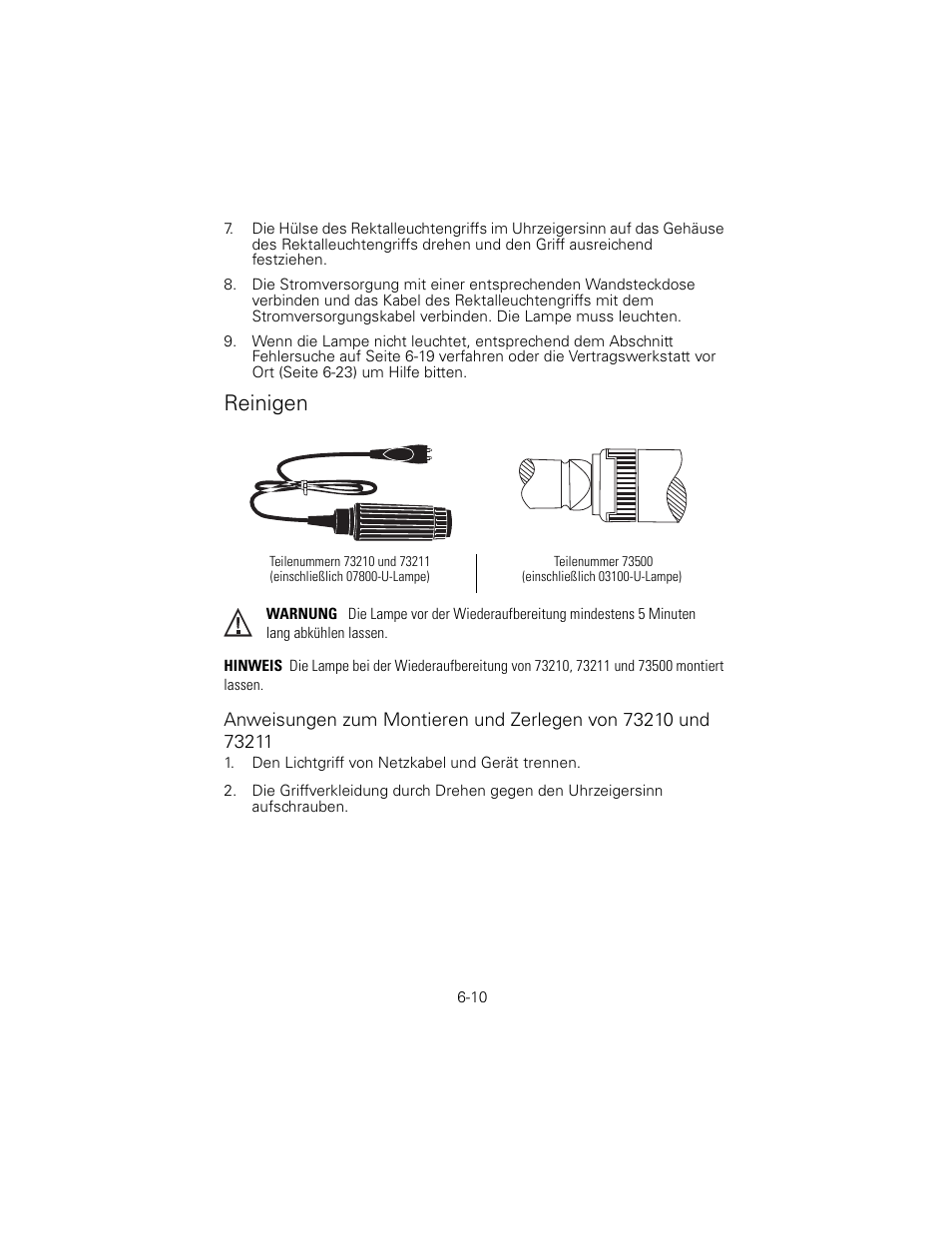 Reinigen, Teilenummern 73210 und 73211, Einschließlich 07800-u-lampe) | Teilenummer 73500, Einschließlich 03100-u-lampe) | Welch Allyn 6V Power Supply, Rectal Light Handle - User Manual User Manual | Page 134 / 240