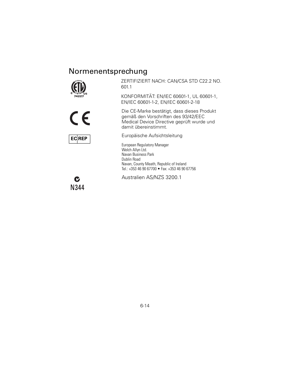 Normenentsprechung, N344, Ec rep | Welch Allyn 6V Power Supply, Rectal Light Handle - User Manual User Manual | Page 138 / 240