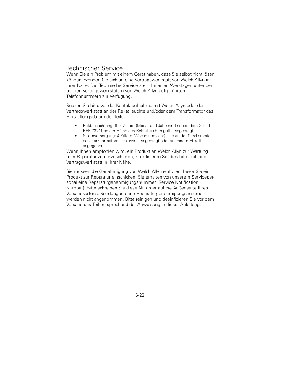 Technischer service | Welch Allyn 6V Power Supply, Rectal Light Handle - User Manual User Manual | Page 146 / 240