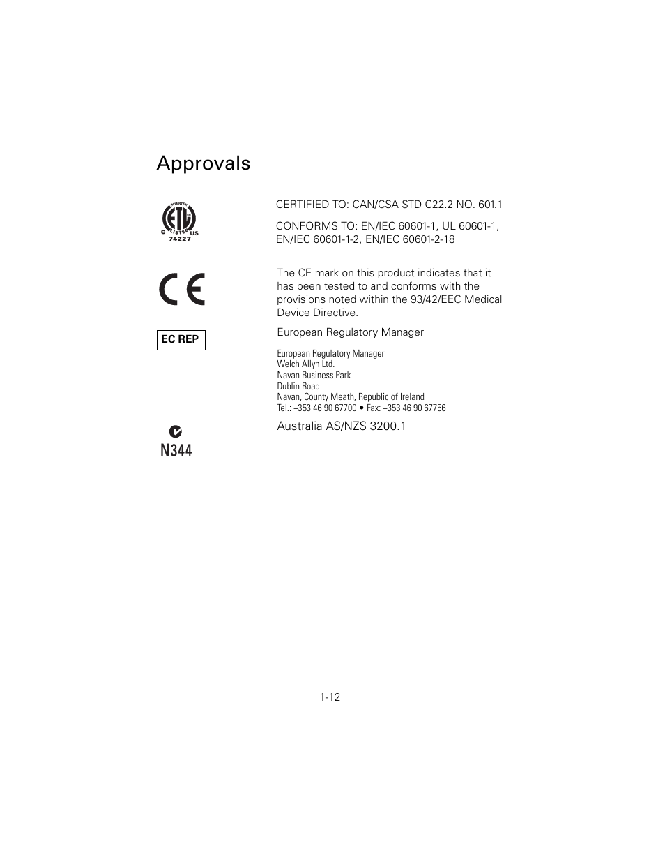 Approvals, N344, Ec rep | Welch Allyn 6V Power Supply, Rectal Light Handle - User Manual User Manual | Page 15 / 240
