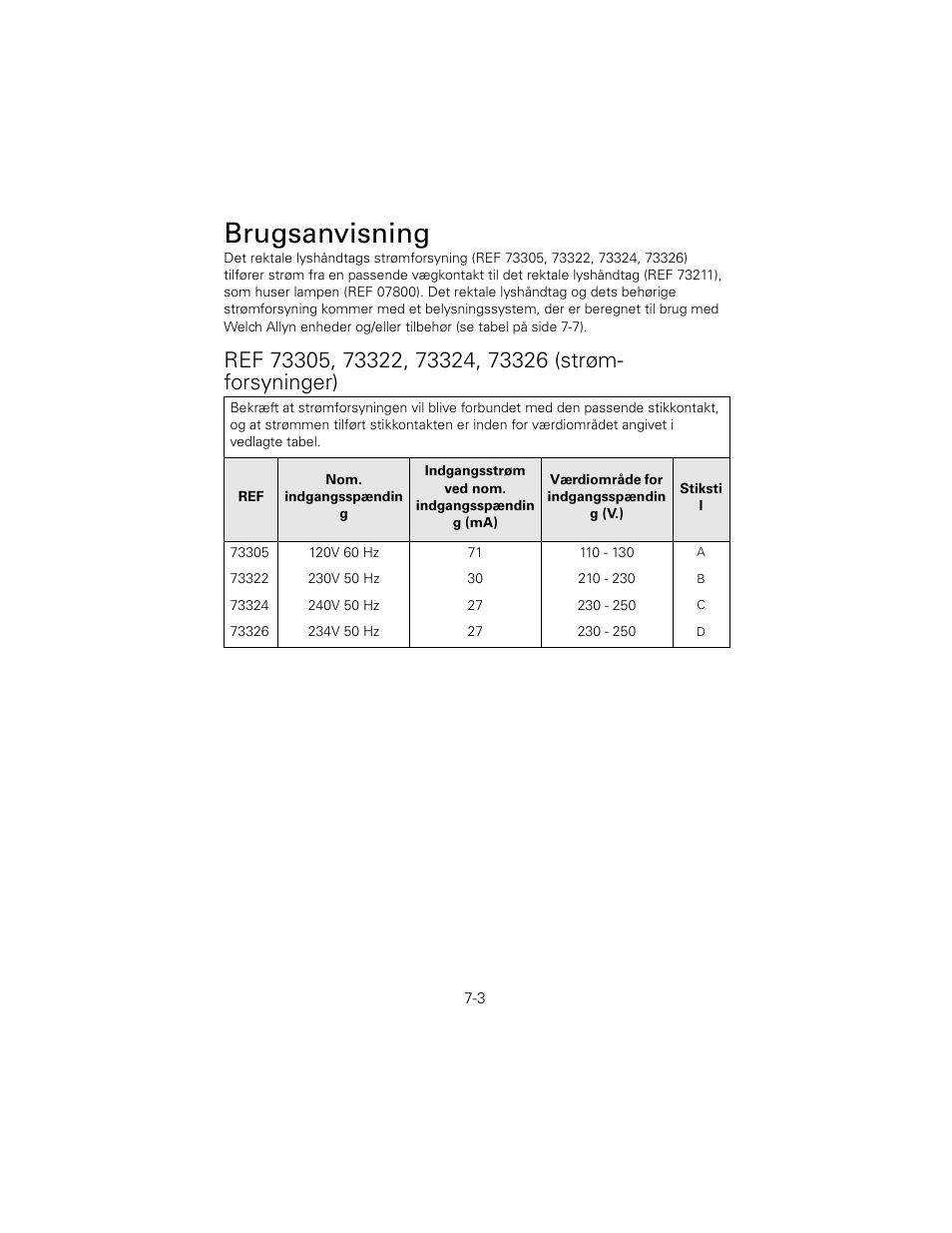 Ref 73305, 73322, 73324, 73326 (strømforsyninger), Brugsanvisning | Welch Allyn 6V Power Supply, Rectal Light Handle - User Manual User Manual | Page 152 / 240