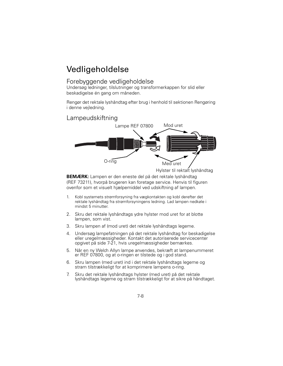 Forebyggende vedligeholdelse, Lampeudskiftning, Vedligeholdelse | Welch Allyn 6V Power Supply, Rectal Light Handle - User Manual User Manual | Page 157 / 240