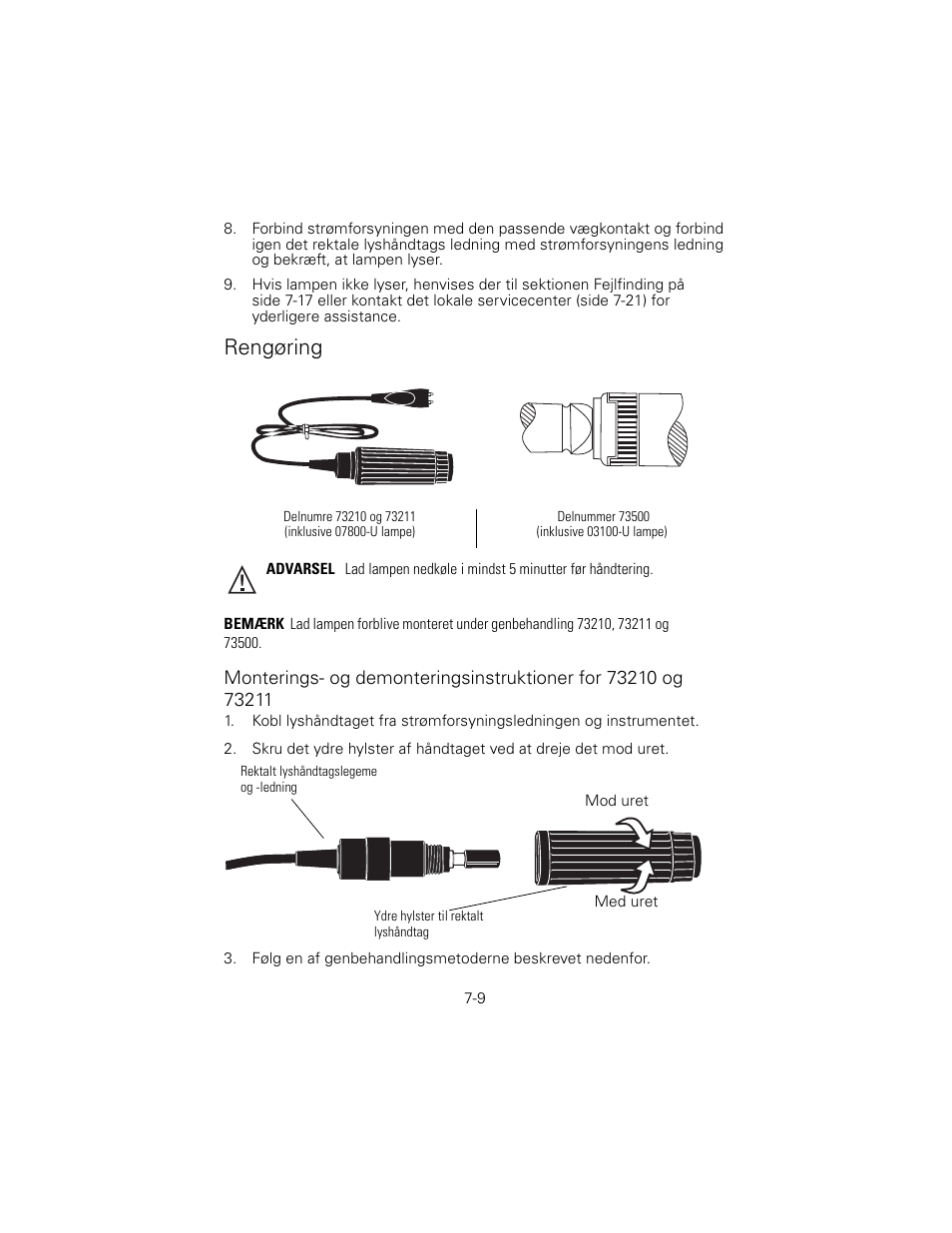 Rengøring, Delnumre 73210 og 73211, Inklusive 07800-u lampe) | Delnummer 73500, Inklusive 03100-u lampe) | Welch Allyn 6V Power Supply, Rectal Light Handle - User Manual User Manual | Page 158 / 240