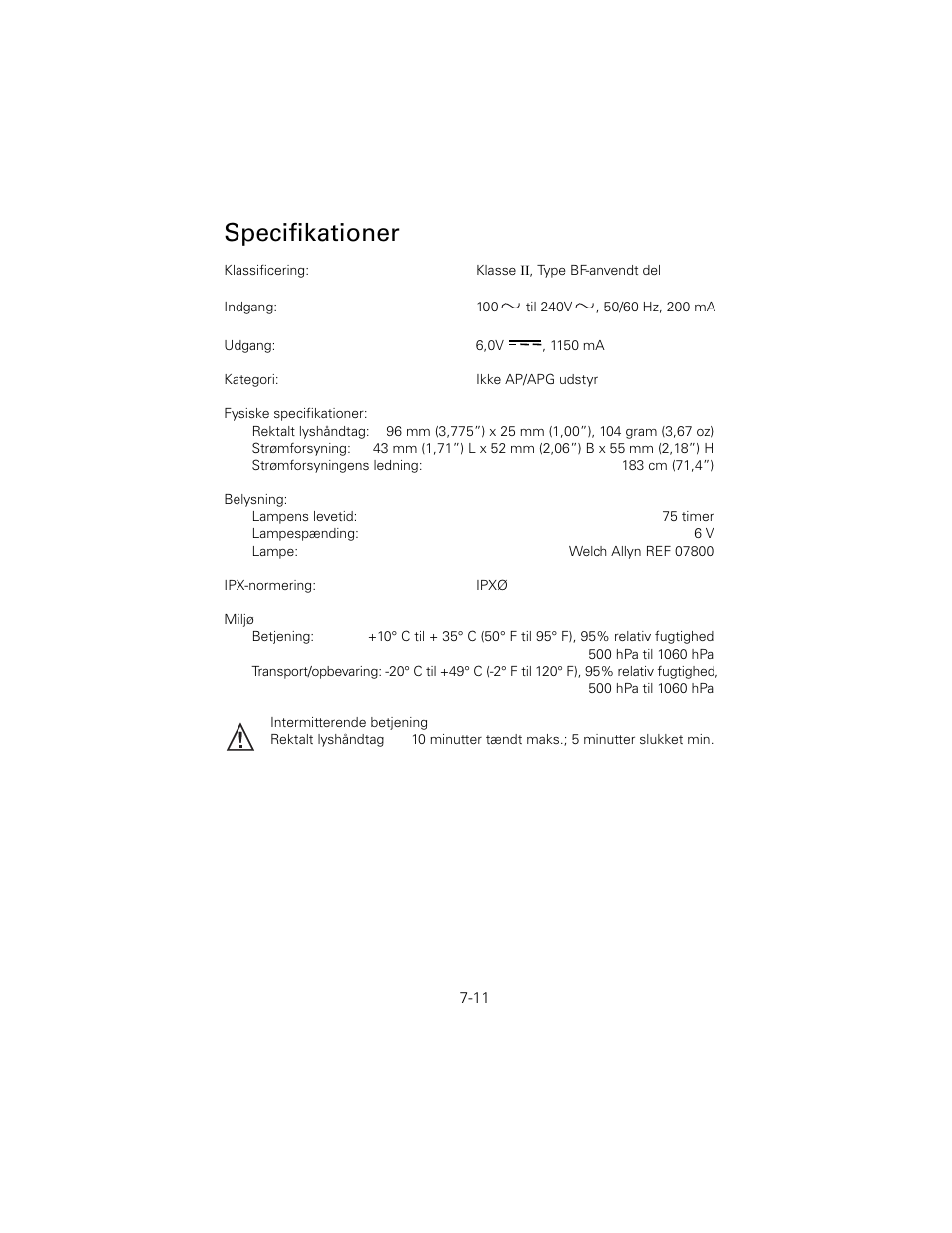 Specifikationer | Welch Allyn 6V Power Supply, Rectal Light Handle - User Manual User Manual | Page 160 / 240