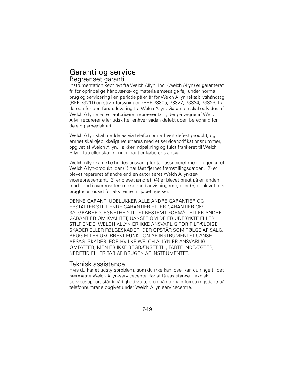 Garanti og service, Begrænset garanti, Teknisk assistance | Welch Allyn 6V Power Supply, Rectal Light Handle - User Manual User Manual | Page 168 / 240