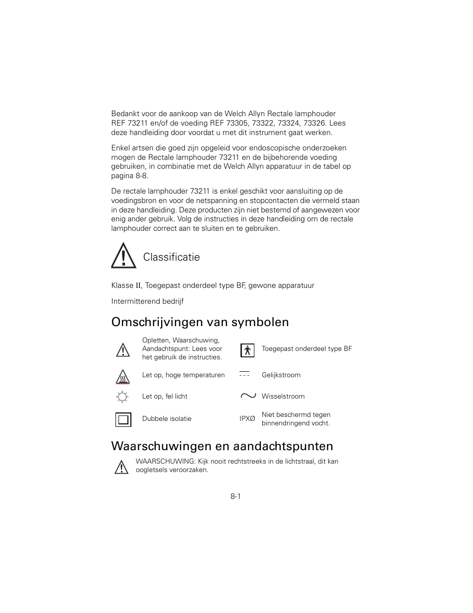 Omschrijvingen van symbolen, Waarschuwingen en aandachtspunten, Classificatie | Welch Allyn 6V Power Supply, Rectal Light Handle - User Manual User Manual | Page 173 / 240