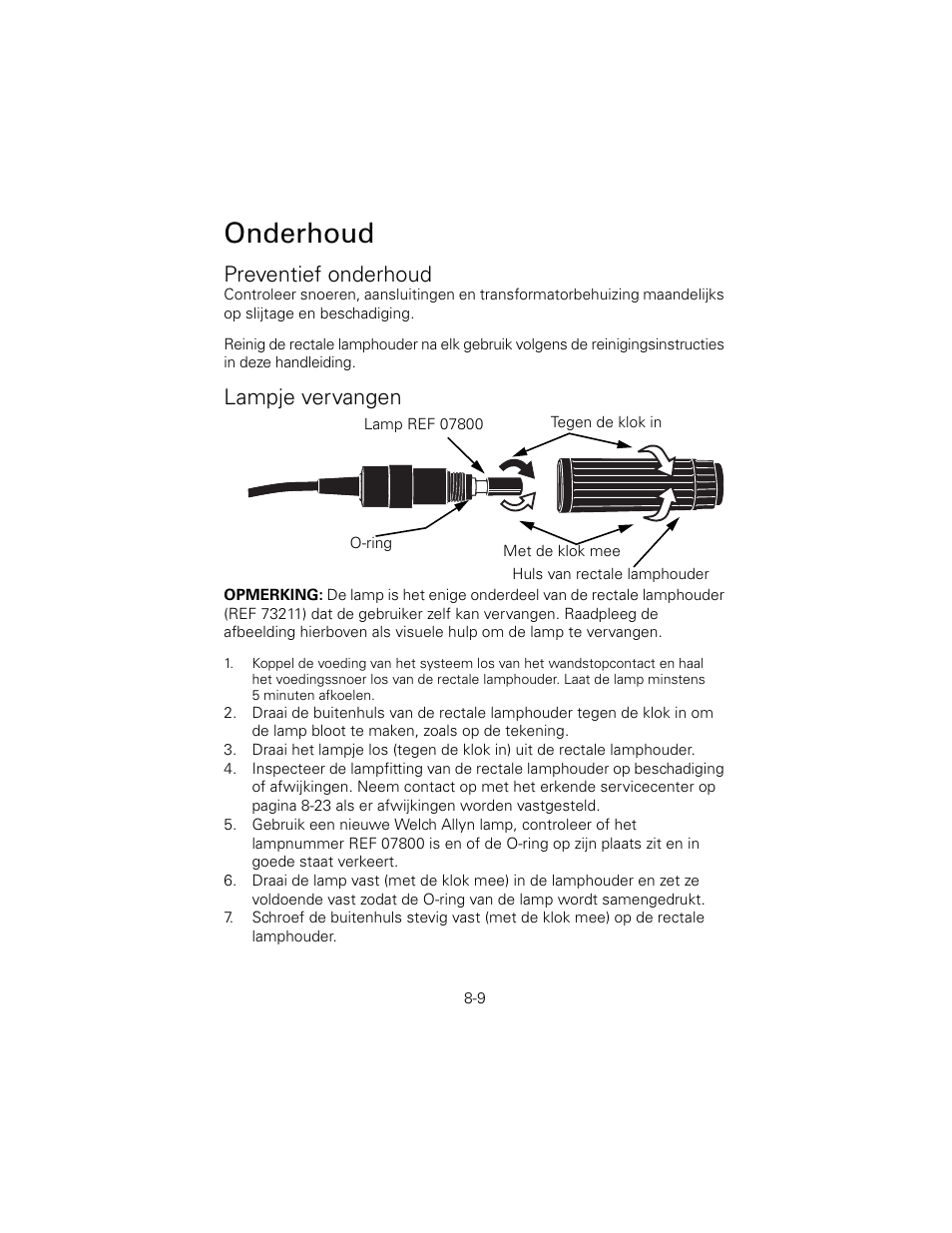 Preventief onderhoud, Lampje vervangen, Onderhoud | Welch Allyn 6V Power Supply, Rectal Light Handle - User Manual User Manual | Page 181 / 240