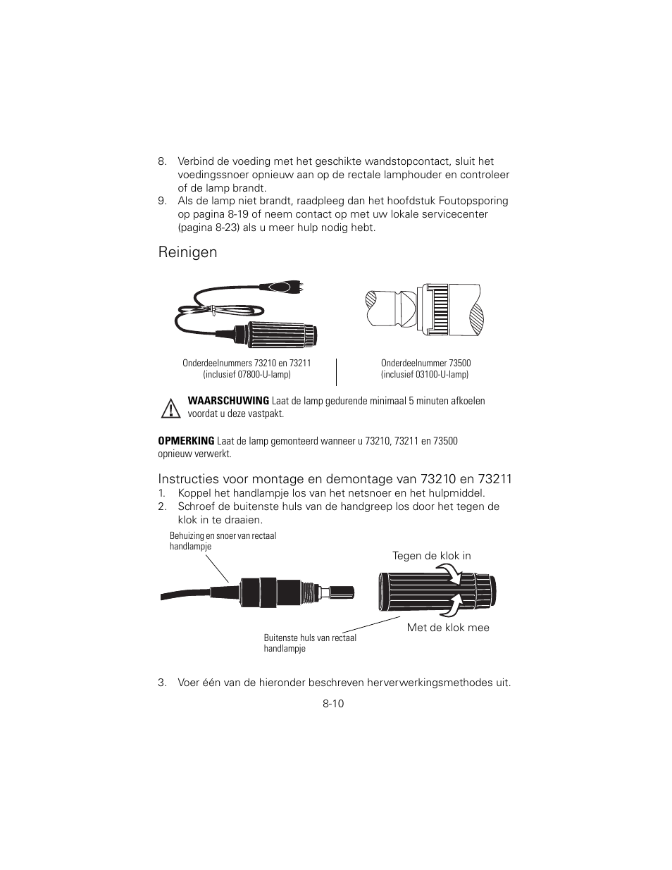 Reinigen, Onderdeelnummers 73210 en 73211, Inclusief 07800-u-lamp) | Onderdeelnummer 73500, Inclusief 03100-u-lamp) | Welch Allyn 6V Power Supply, Rectal Light Handle - User Manual User Manual | Page 182 / 240