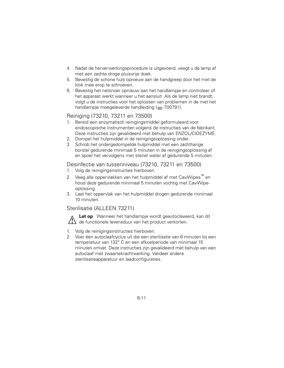 Reiniging (73210, 73211 en 73500), Sterilisatie (alleen 73211) | Welch Allyn 6V Power Supply, Rectal Light Handle - User Manual User Manual | Page 183 / 240