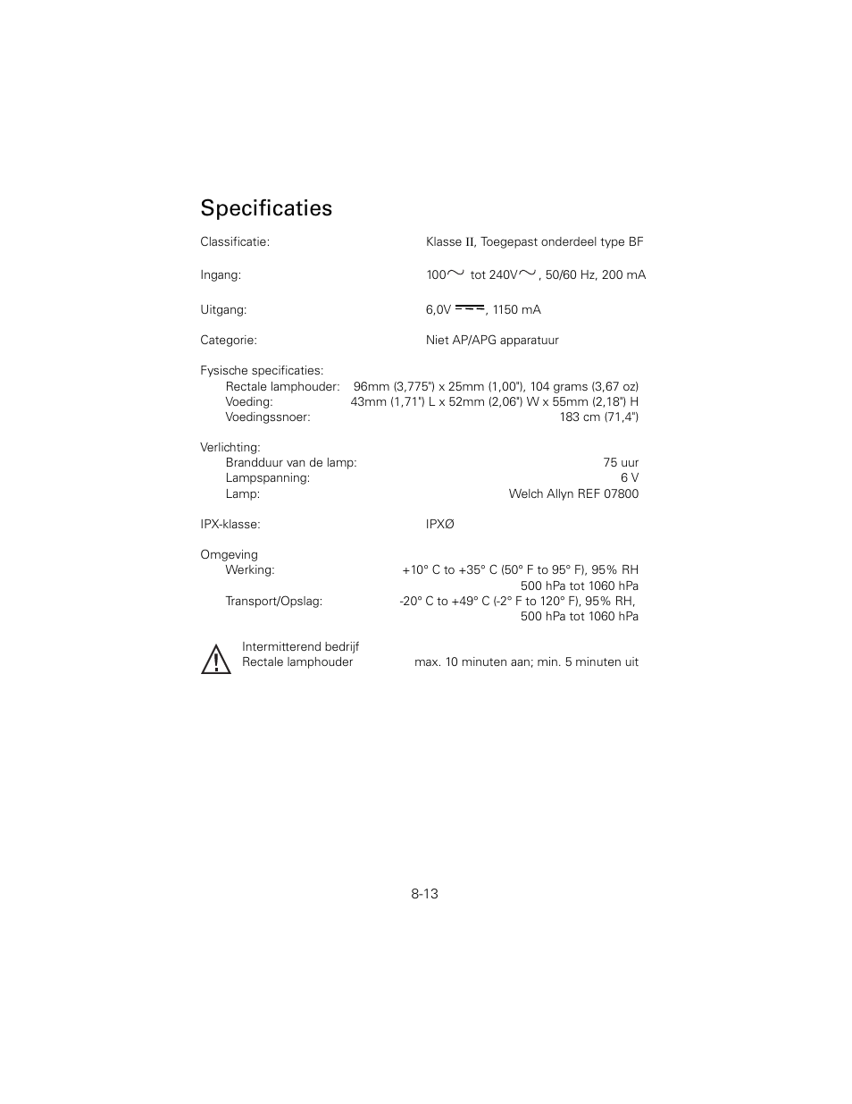 Specificaties | Welch Allyn 6V Power Supply, Rectal Light Handle - User Manual User Manual | Page 185 / 240