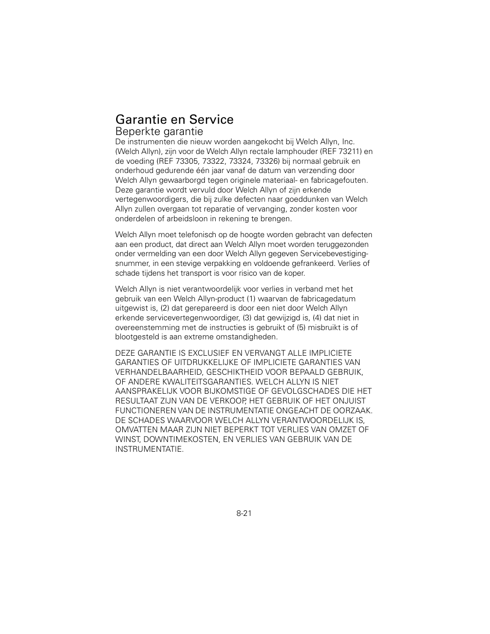 Garantie en service, Beperkte garantie | Welch Allyn 6V Power Supply, Rectal Light Handle - User Manual User Manual | Page 193 / 240