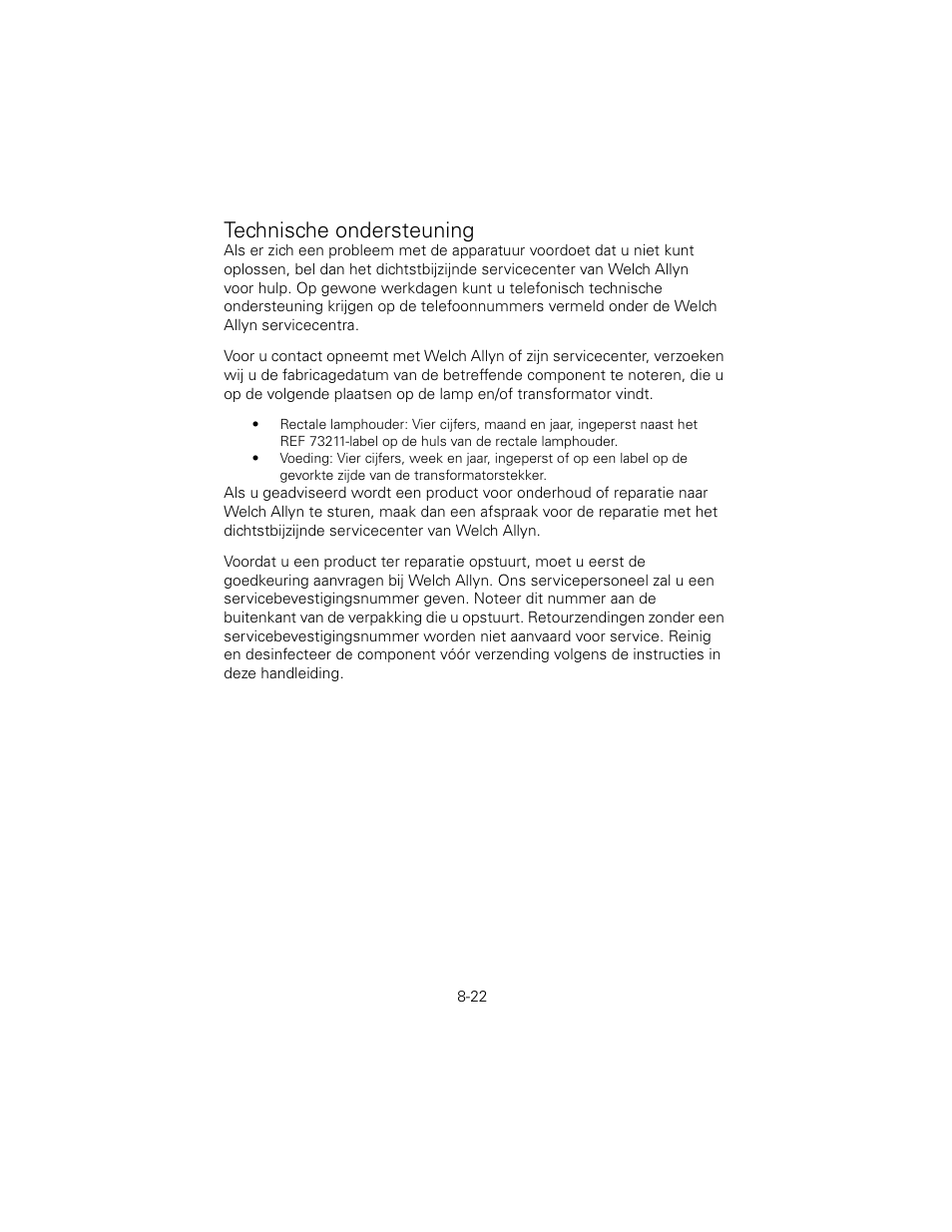 Technische ondersteuning | Welch Allyn 6V Power Supply, Rectal Light Handle - User Manual User Manual | Page 194 / 240
