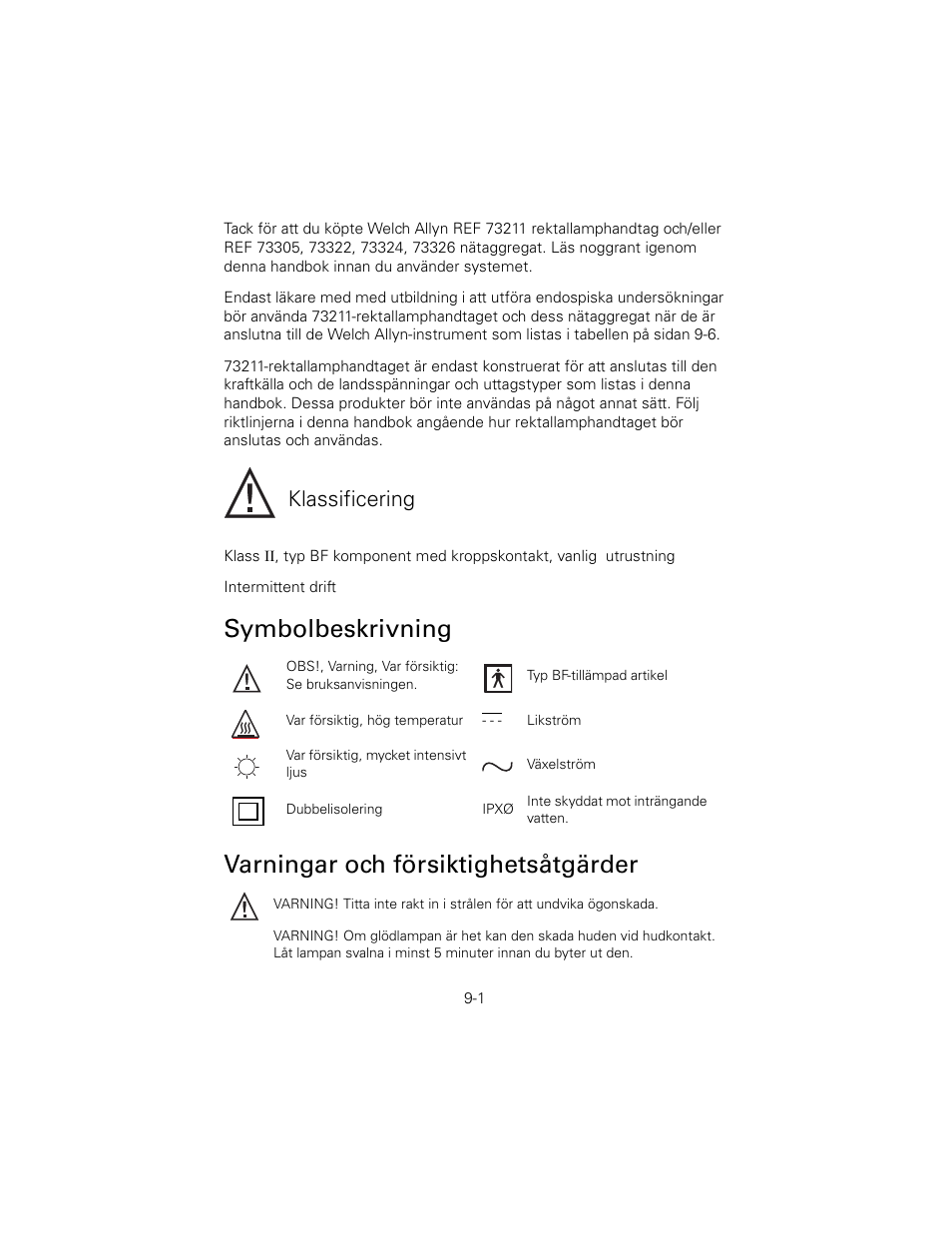 Symbolbeskrivning, Varningar och försiktighetsåtgärder, Klassificering | Welch Allyn 6V Power Supply, Rectal Light Handle - User Manual User Manual | Page 198 / 240