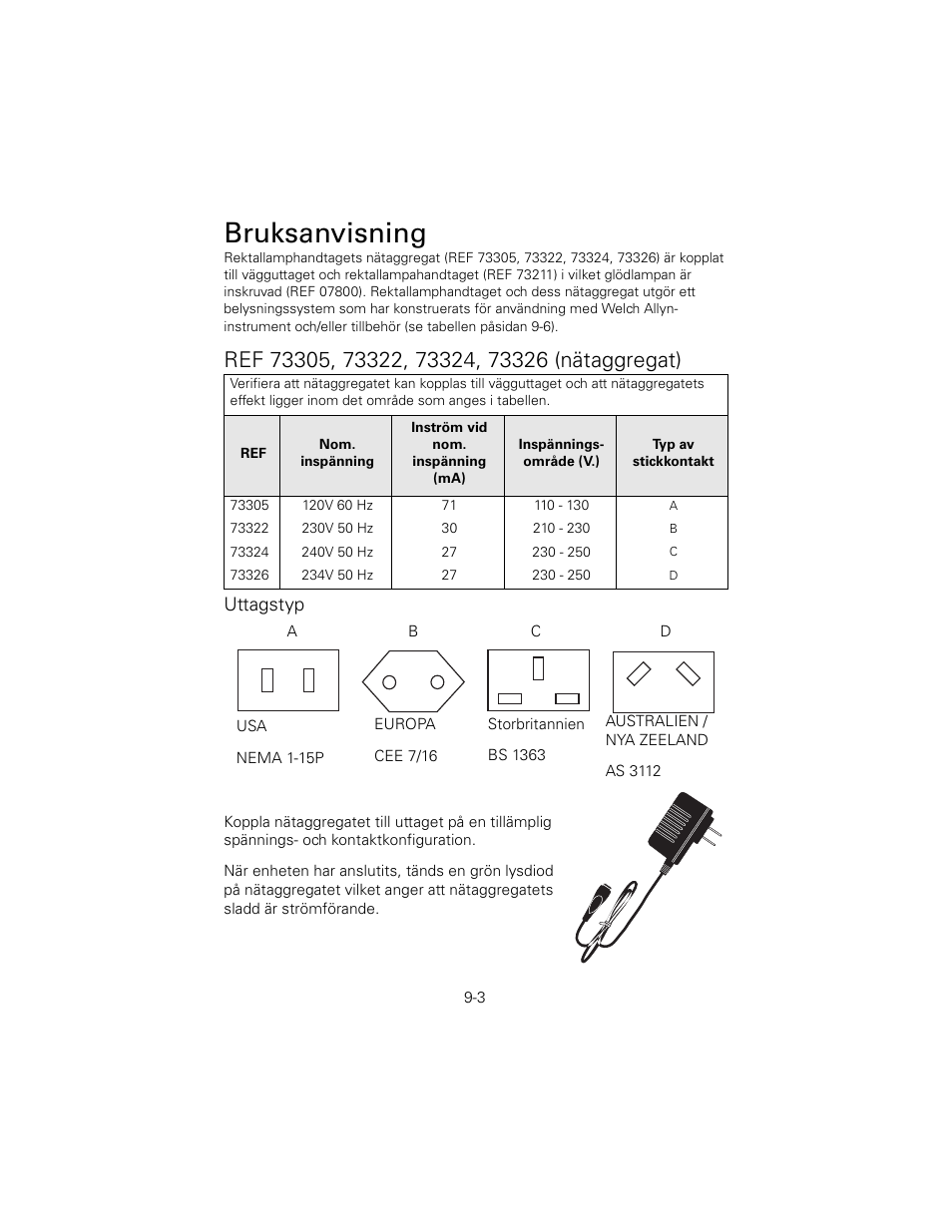 Ref 73305, 73322, 73324, 73326 (nätaggregat), Uttagstyp, Bruksanvisning | Welch Allyn 6V Power Supply, Rectal Light Handle - User Manual User Manual | Page 200 / 240