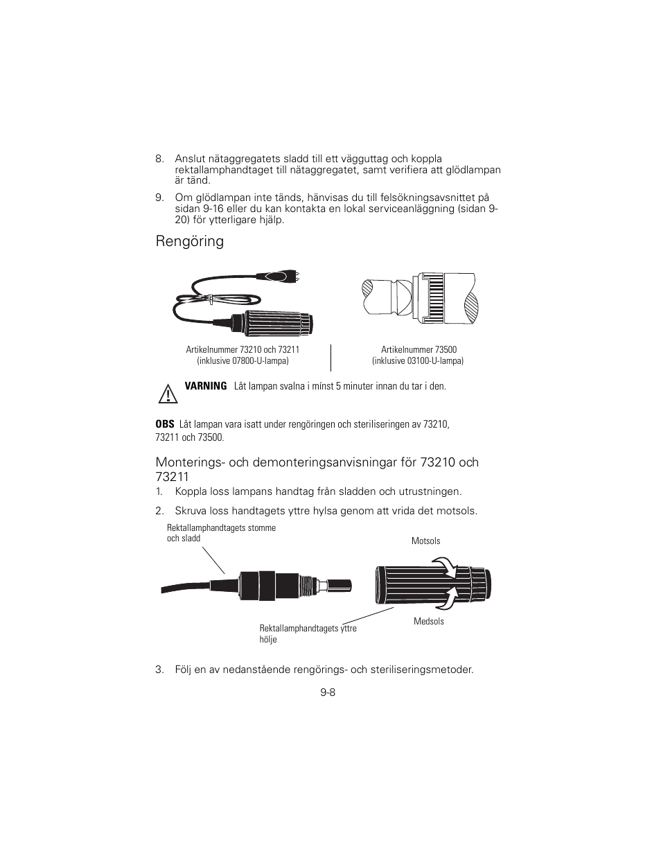 Rengöring, Artikelnummer 73210 och 73211, Inklusive 07800-u-lampa) | Artikelnummer 73500, Inklusive 03100-u-lampa) | Welch Allyn 6V Power Supply, Rectal Light Handle - User Manual User Manual | Page 205 / 240