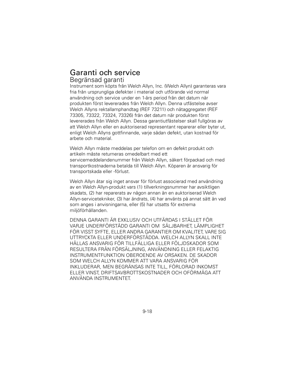 Garanti och service, Begränsad garanti | Welch Allyn 6V Power Supply, Rectal Light Handle - User Manual User Manual | Page 215 / 240