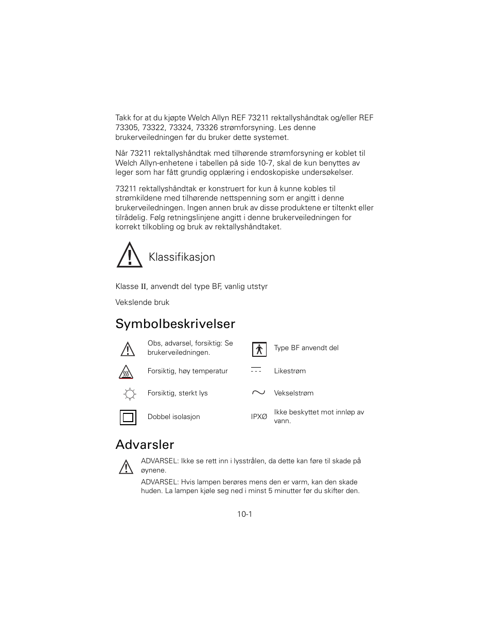 Symbolbeskrivelser, Advarsler, Symbolbeskrivelser advarsler | Klassifikasjon | Welch Allyn 6V Power Supply, Rectal Light Handle - User Manual User Manual | Page 219 / 240