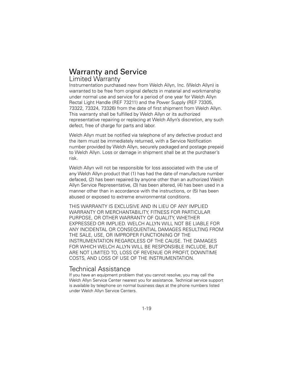 Warranty and service, Limited warranty, Technical assistance | Welch Allyn 6V Power Supply, Rectal Light Handle - User Manual User Manual | Page 22 / 240