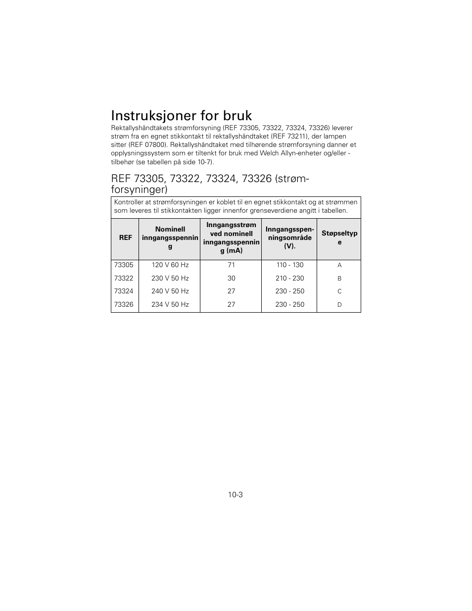 Ref 73305, 73322, 73324, 73326 (strømforsyninger), Instruksjoner for bruk | Welch Allyn 6V Power Supply, Rectal Light Handle - User Manual User Manual | Page 221 / 240