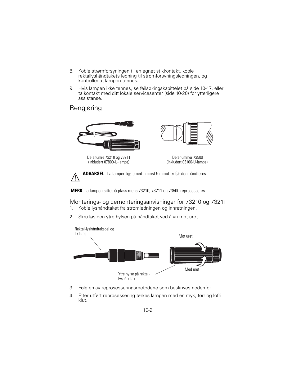 Rengjøring, Delenumre 73210 og 73211, Inkludert 07800-u-lampe) | Delenummer 73500, Inkludert 03100-u-lampe) | Welch Allyn 6V Power Supply, Rectal Light Handle - User Manual User Manual | Page 227 / 240