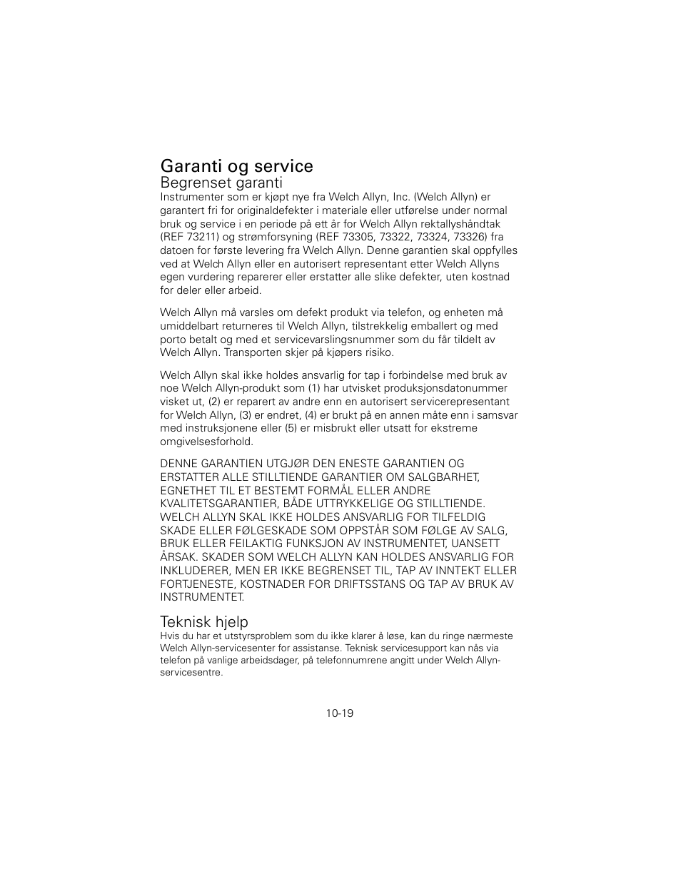 Garanti og service, Begrenset garanti, Teknisk hjelp | Welch Allyn 6V Power Supply, Rectal Light Handle - User Manual User Manual | Page 237 / 240