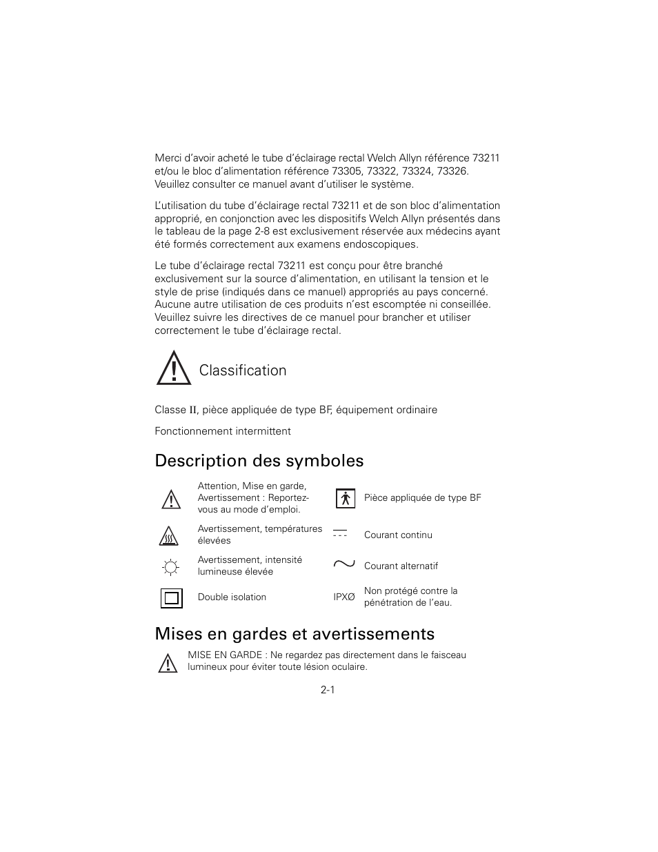 Description des symboles, Mises en gardes et avertissements, Classification | Welch Allyn 6V Power Supply, Rectal Light Handle - User Manual User Manual | Page 27 / 240
