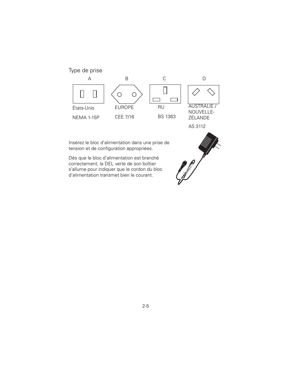 Type de prise | Welch Allyn 6V Power Supply, Rectal Light Handle - User Manual User Manual | Page 31 / 240