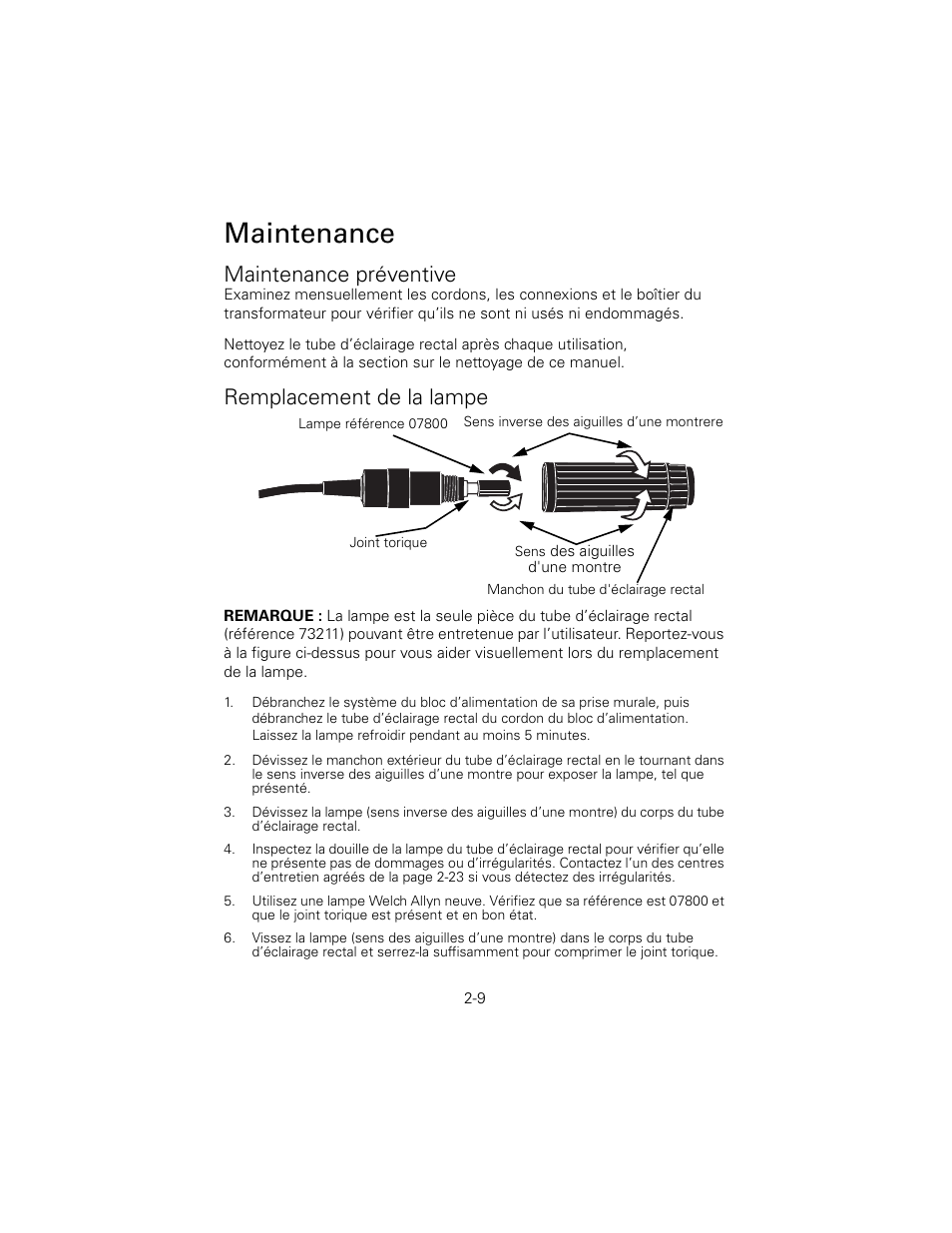 Maintenance préventive, Remplacement de la lampe, Maintenance | Welch Allyn 6V Power Supply, Rectal Light Handle - User Manual User Manual | Page 35 / 240