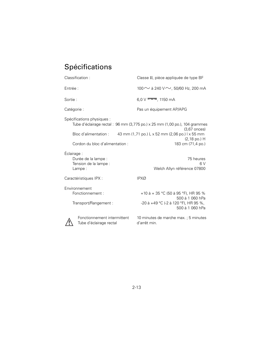 Spécifications | Welch Allyn 6V Power Supply, Rectal Light Handle - User Manual User Manual | Page 39 / 240