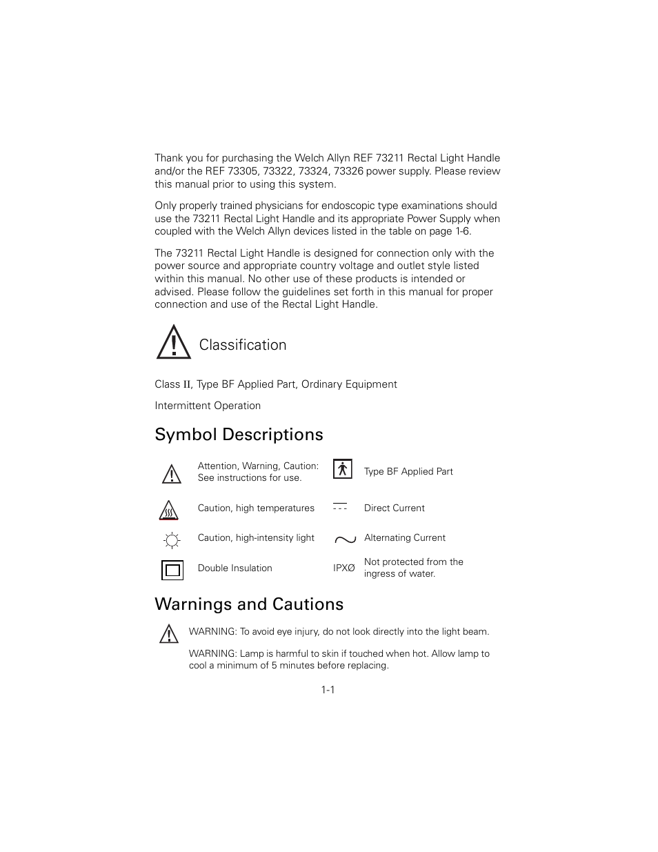 Symbol descriptions, Warnings and cautions, Symbol descriptions warnings and cautions | Classification | Welch Allyn 6V Power Supply, Rectal Light Handle - User Manual User Manual | Page 4 / 240