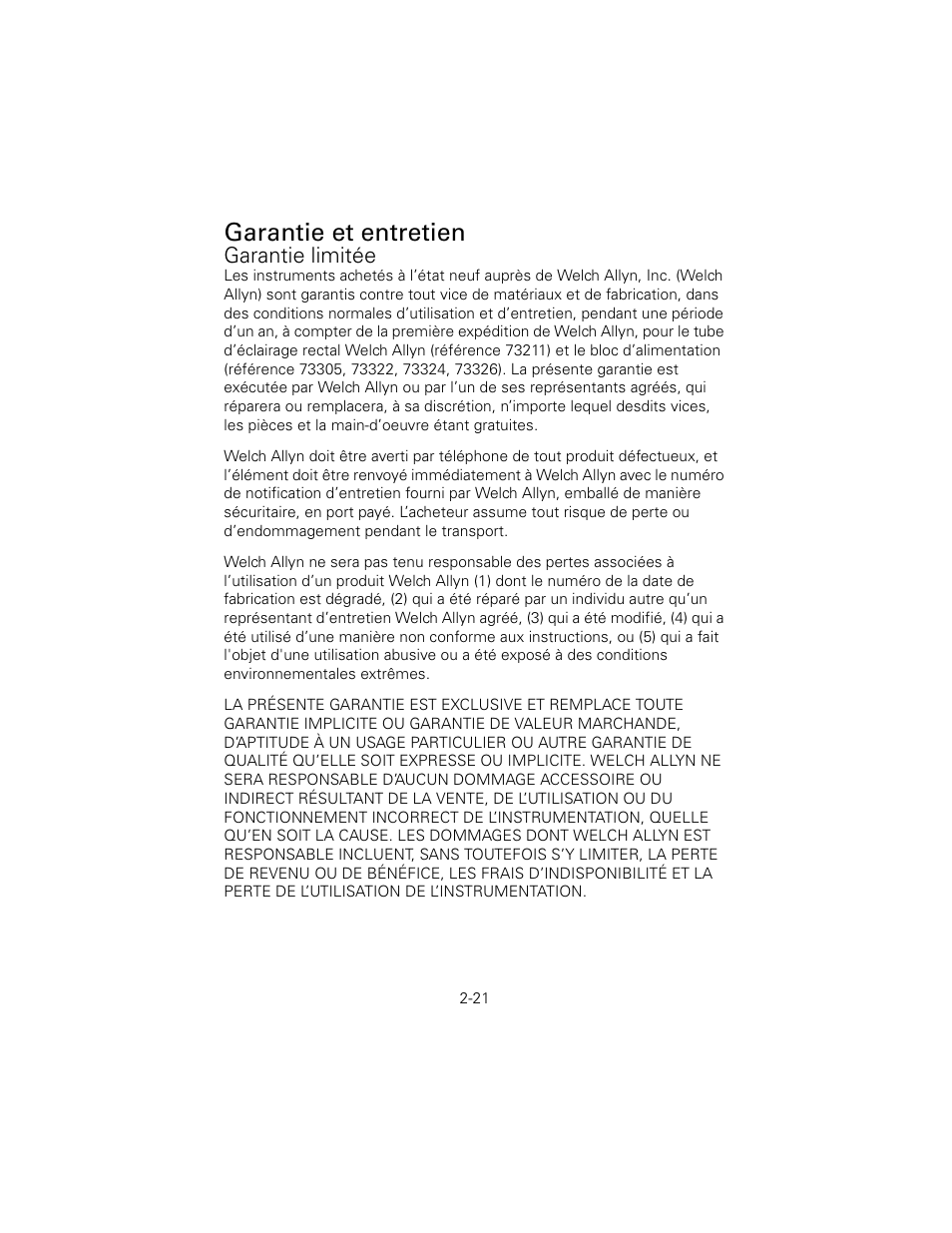 Garantie et entretien, Garantie limitée | Welch Allyn 6V Power Supply, Rectal Light Handle - User Manual User Manual | Page 47 / 240