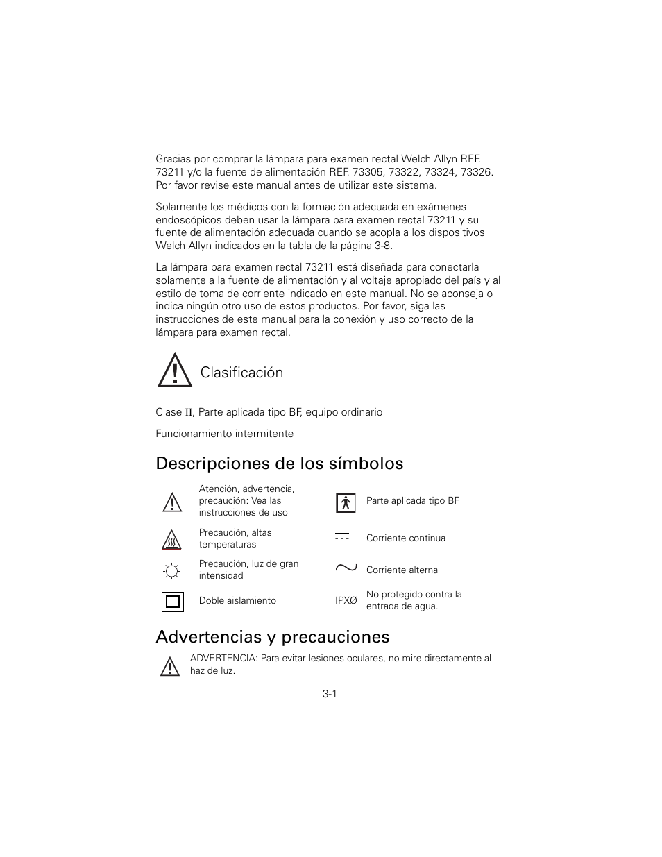 Descripciones de los símbolos, Advertencias y precauciones, Clasificación | Welch Allyn 6V Power Supply, Rectal Light Handle - User Manual User Manual | Page 52 / 240