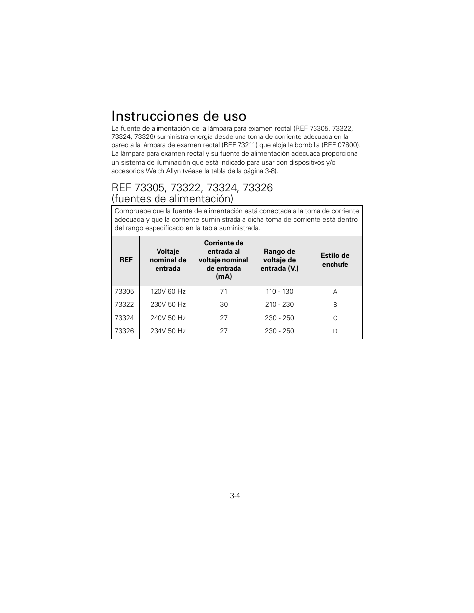Instrucciones de uso | Welch Allyn 6V Power Supply, Rectal Light Handle - User Manual User Manual | Page 55 / 240