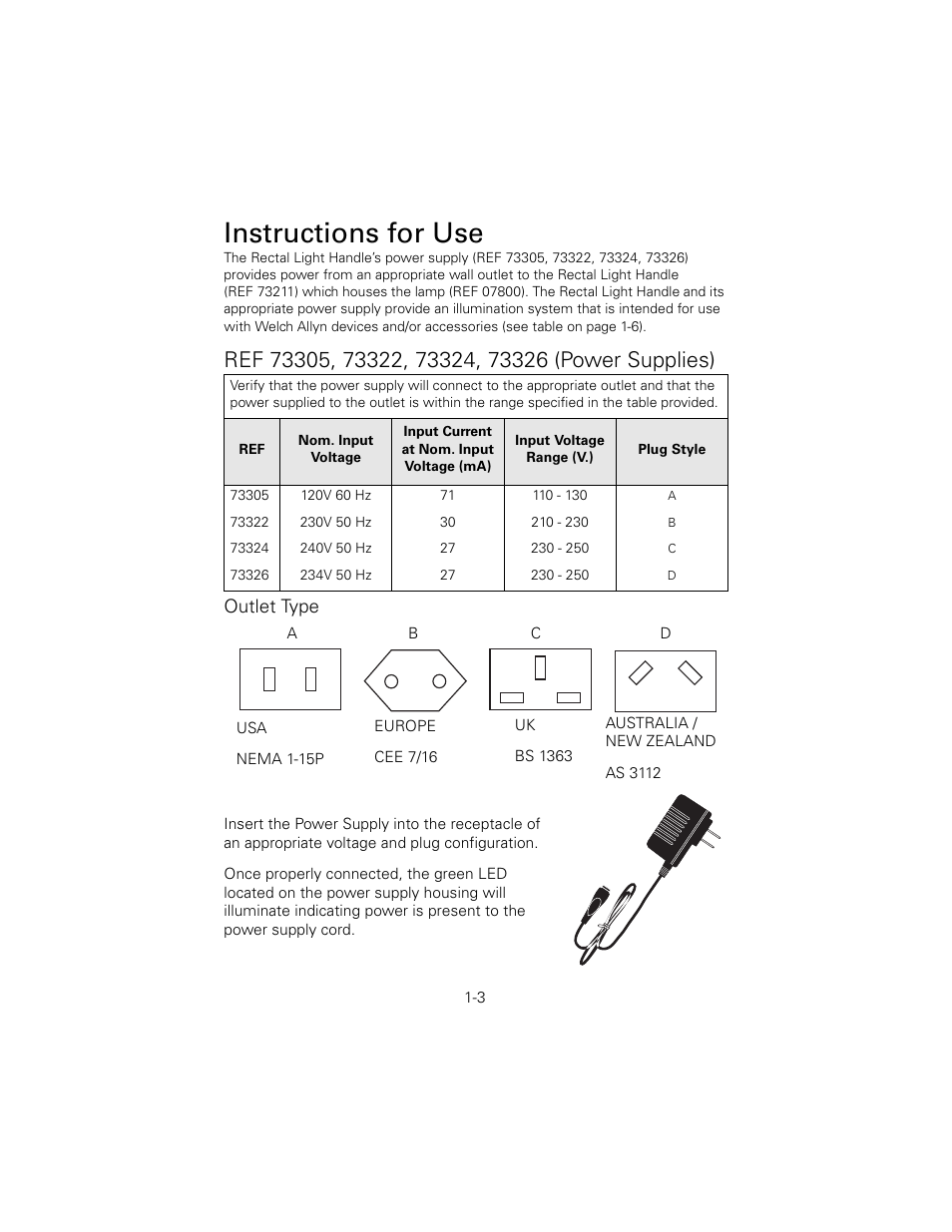 Ref 73305, 73322, 73324, 73326 (power supplies), Outlet type, Instructions for use | Welch Allyn 6V Power Supply, Rectal Light Handle - User Manual User Manual | Page 6 / 240