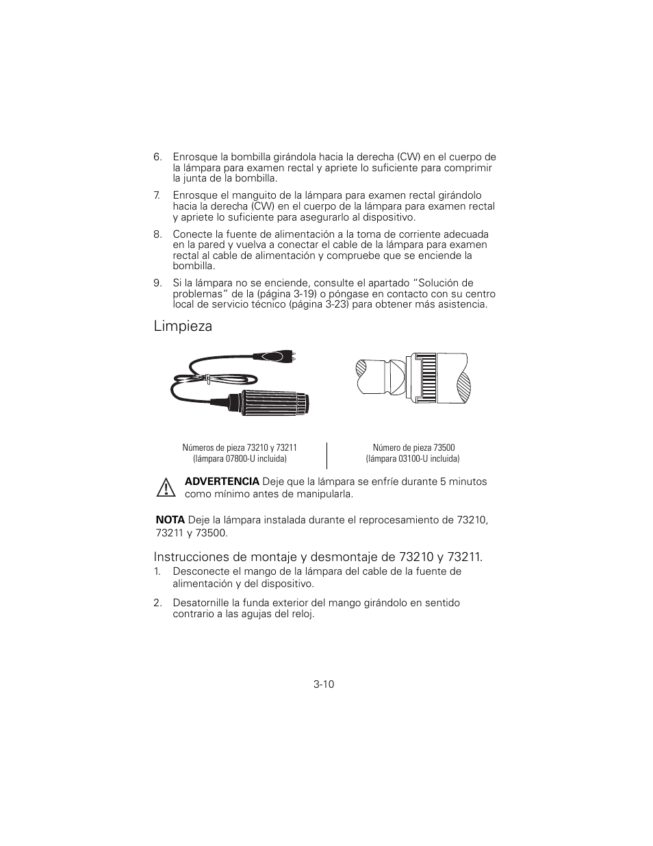Limpieza, Números de pieza 73210 y 73211, Lámpara 07800-u incluida) | Número de pieza 73500, Lámpara 03100-u incluida) | Welch Allyn 6V Power Supply, Rectal Light Handle - User Manual User Manual | Page 61 / 240