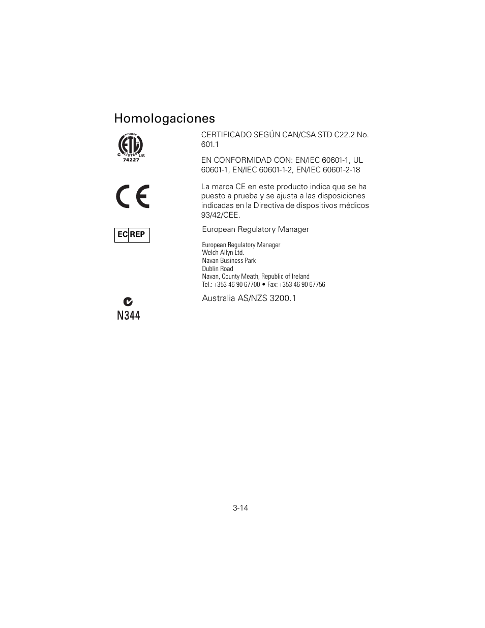 Homologaciones, N344, Ec rep | Welch Allyn 6V Power Supply, Rectal Light Handle - User Manual User Manual | Page 65 / 240