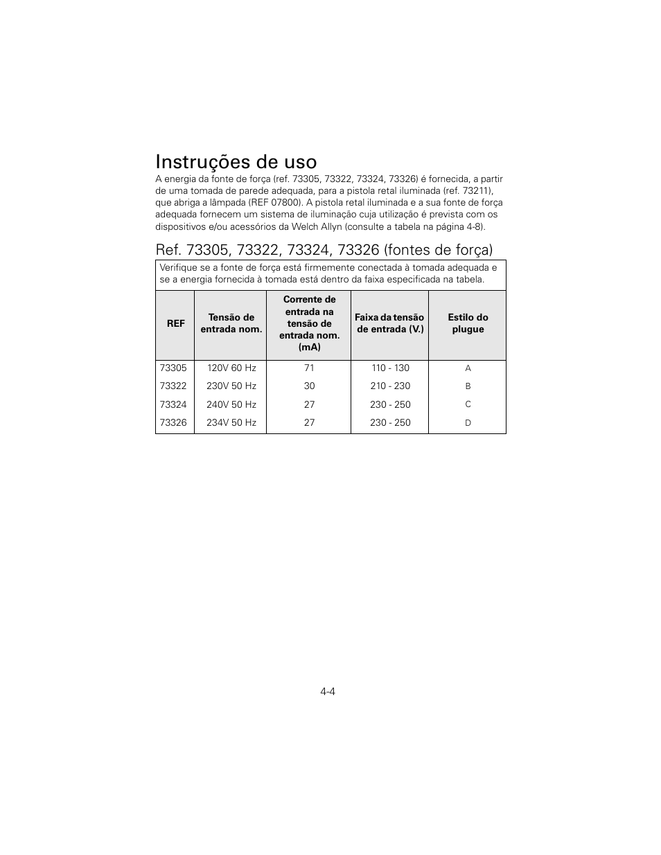 Ref. 73305, 73322, 73324, 73326 (fontes de força), Instruções de uso | Welch Allyn 6V Power Supply, Rectal Light Handle - User Manual User Manual | Page 80 / 240