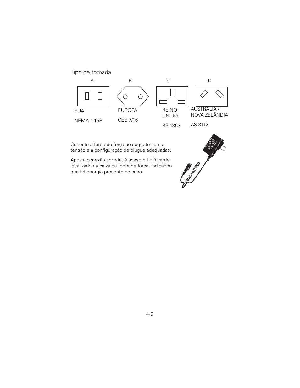 Tipo de tomada | Welch Allyn 6V Power Supply, Rectal Light Handle - User Manual User Manual | Page 81 / 240