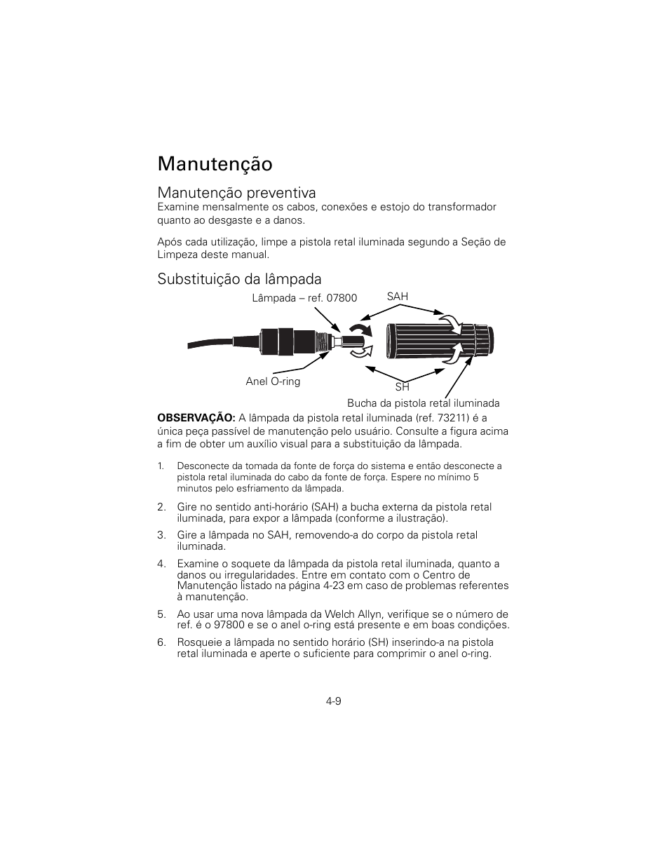 Manutenção preventiva, Substituição da lâmpada, Manutenção | Welch Allyn 6V Power Supply, Rectal Light Handle - User Manual User Manual | Page 85 / 240