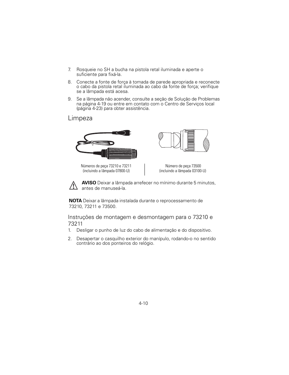 Limpeza, Números de peça 73210 e 73211, Incluindo a lâmpada 07800-u) | Número de peça 73500, Incluindo a lâmpada 03100-u) | Welch Allyn 6V Power Supply, Rectal Light Handle - User Manual User Manual | Page 86 / 240